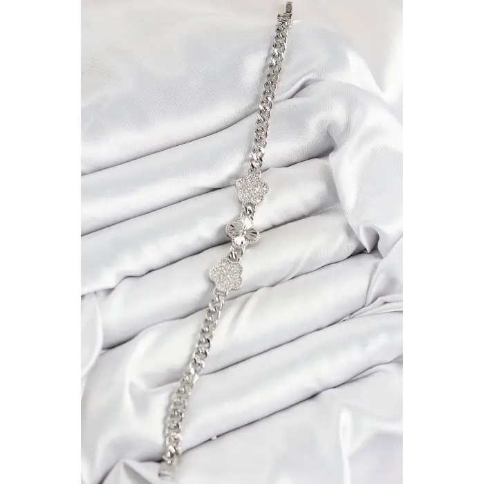 Pirinç Zirkon Taşlı Yonca Model Gümüş Renk Kadın Bileklik