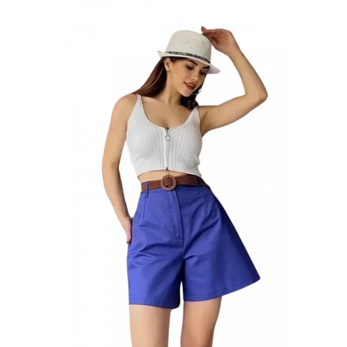 Rahat Kalıp Kemerli Mom Şort - MAVİ