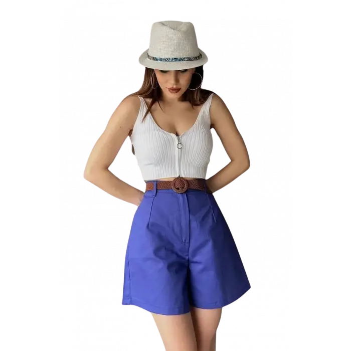 Rahat Kalıp Kemerli Mom Şort - MAVİ