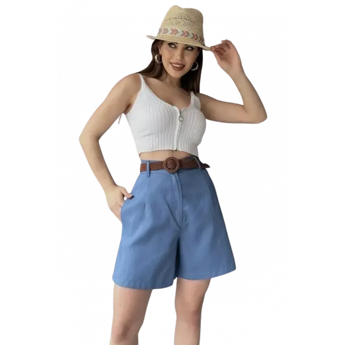 Rahat Kesim Kemerli Mom Şort-AÇIK MAVİ