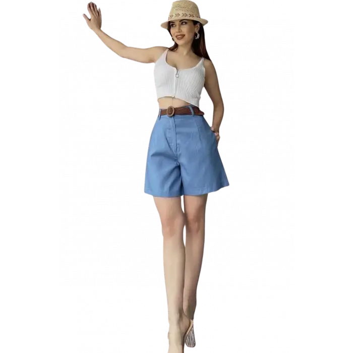 Rahat Kesim Kemerli Mom Şort-AÇIK MAVİ