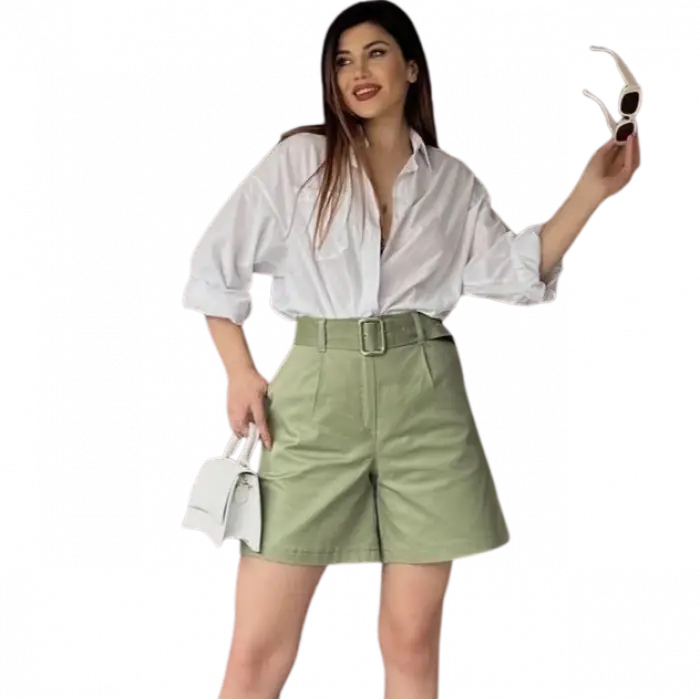 Rahat Kesim Kemerli Mom Şort - HAKİ