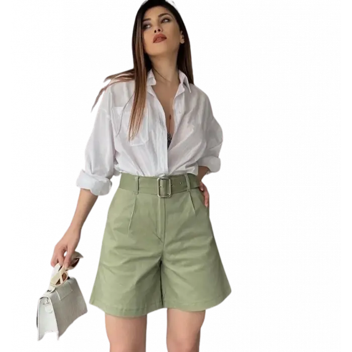 Rahat Kesim Kemerli Mom Şort - HAKİ