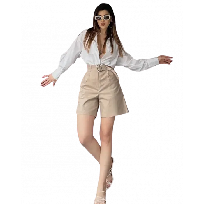 Rahat Kesim Kemerli Mom Şort - KREM