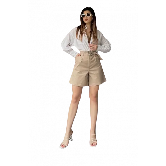 Rahat Kesim Kemerli Mom Şort - KREM