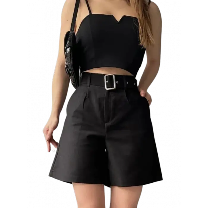 Rahat Kesim Kemerli  Şort -SİYAH