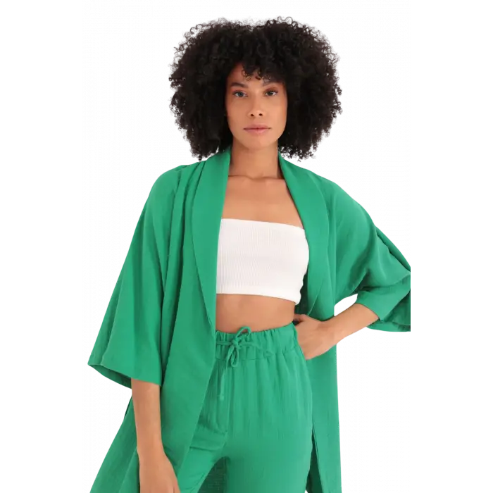 Rahat Kesim Kimono Üst-Yeşil