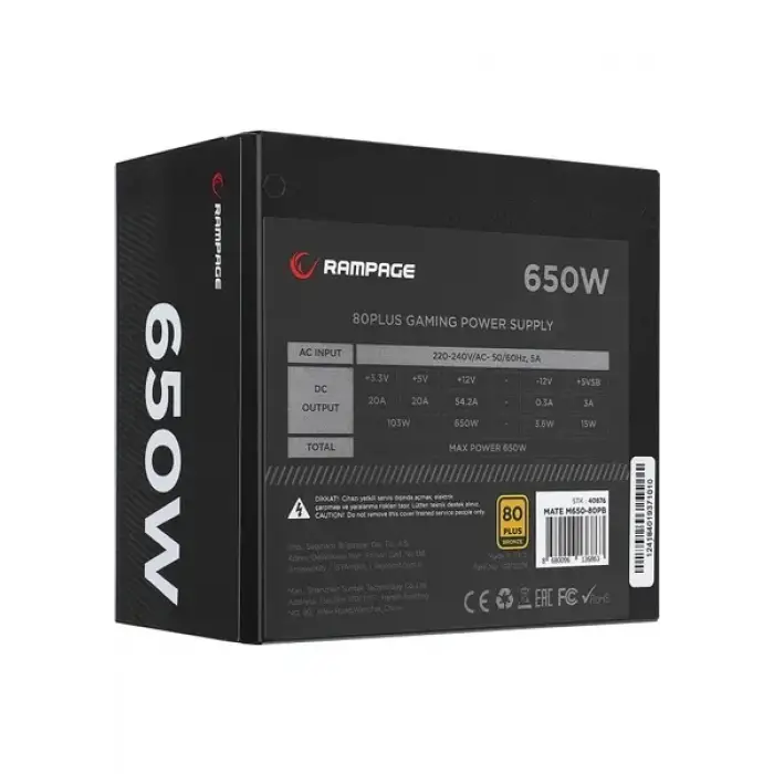 RAMPAGE MATE M650-80PB 650W 80+ 12CM FANLI FULL MODULER PSU (SİYAH)