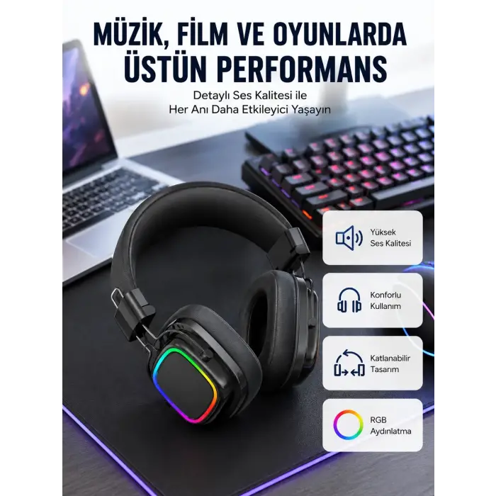 RGB Işıklı Katlanabilir Bluetooth 5.3 Kulak Üstü Kulaklık