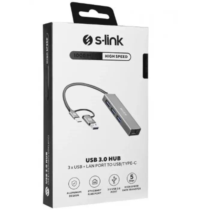 S-link SW-U332 Type-C - USB3.0 1000Mbps 3 Port Usb Gigabit Ethernet Adaptör