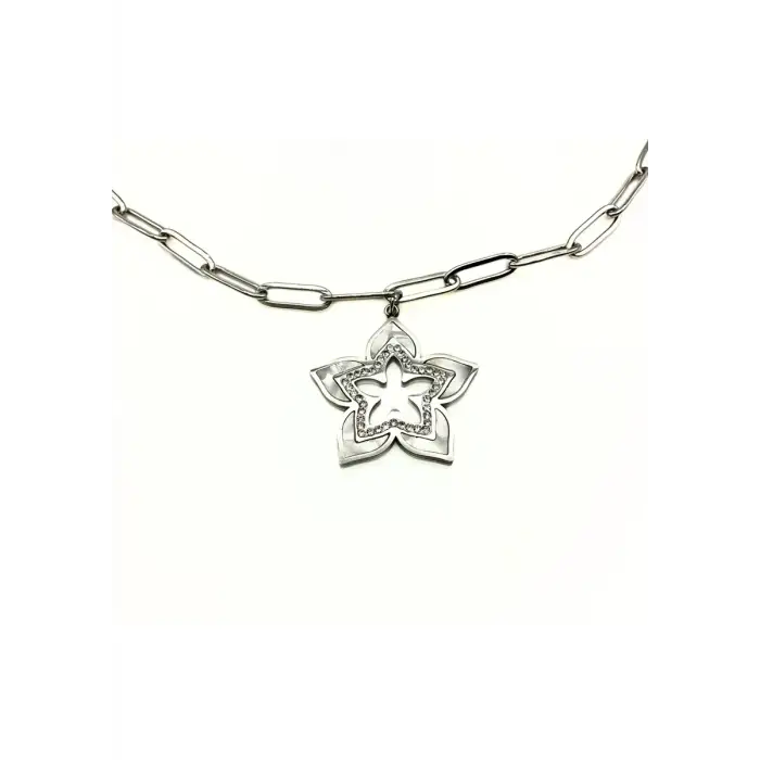 Sedef Detaylı Yıldız Çelik Kolye MODEL 10 | Taşlı Modern Tasarım