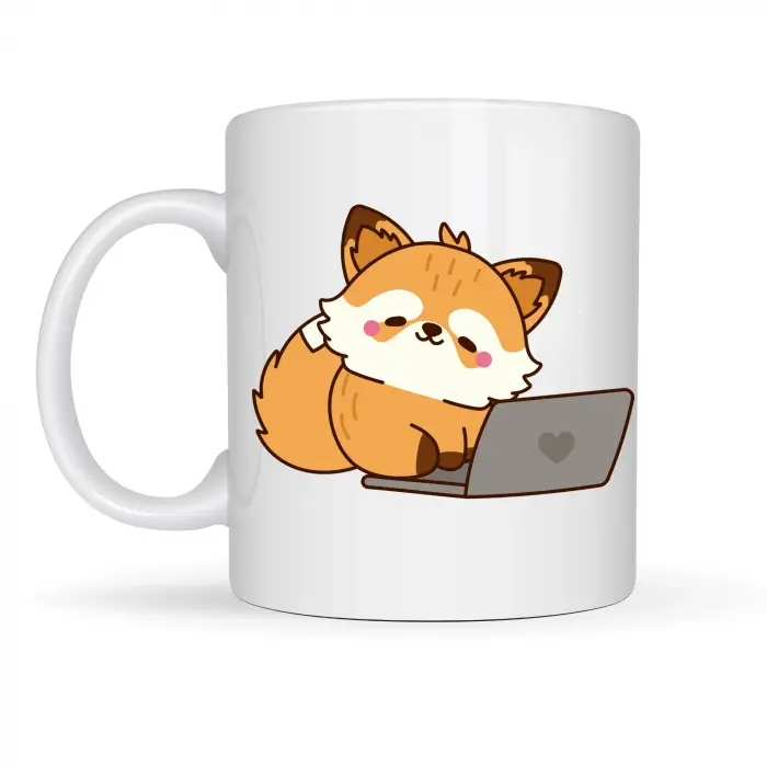 Sevimli Tilki Tasarımlı Porselen Kupa MODEL 115 – Laptoplu Tatlı Tilki Figürlü Ofis & Ev Kullanımı İçin Kahve Kupası