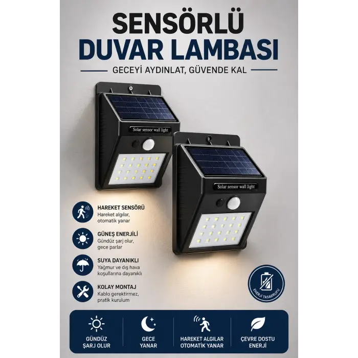Solar Sensörlü Duvar Lambası Bahçe Lamba 20 Led Işık