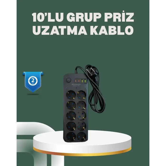 Termal Koruma Sistemli USB Type-C 10’lu Grup Priz 2m 2500W Güç Kapasiteli