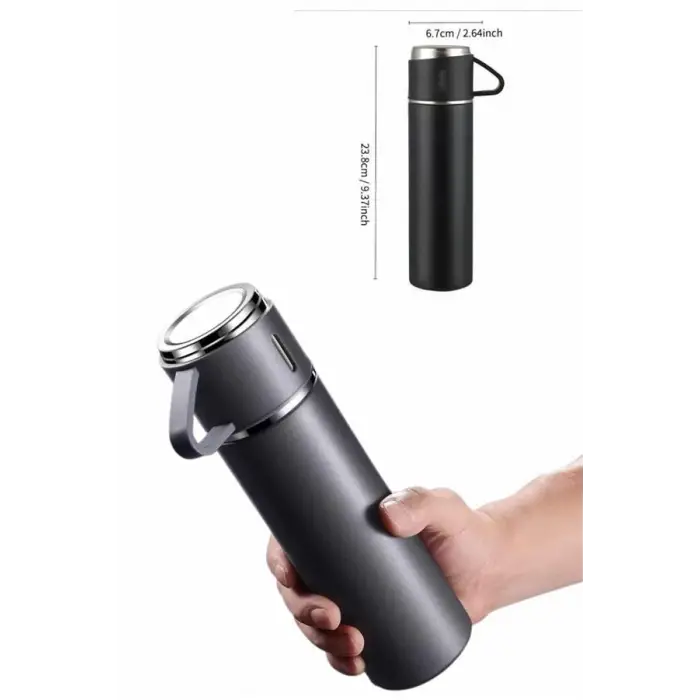 Termos Paslanmaz Çelik Termos Siyah Renk 3 Bardaklı Termos Seti