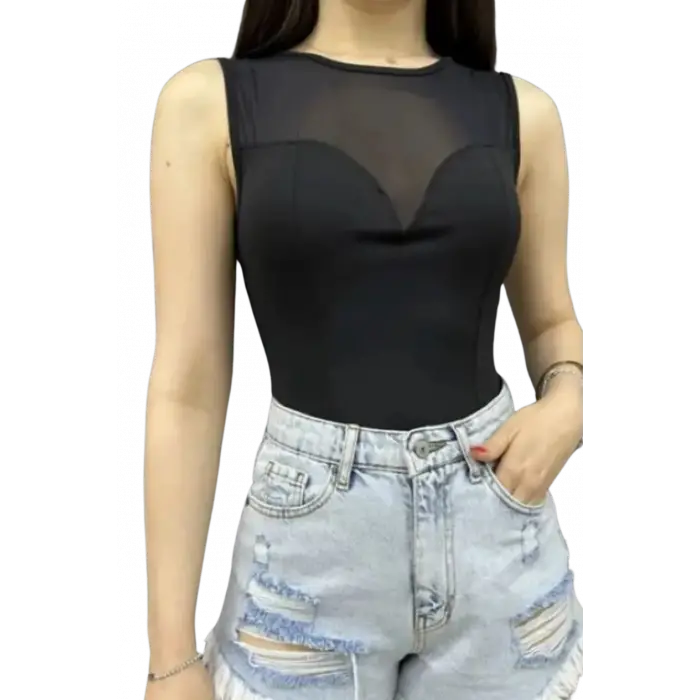 Tül Detaylı Dalgıç Bluz-SİYAH