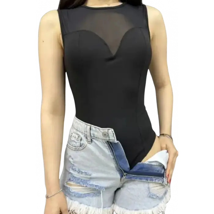 Tül Detaylı Dalgıç Bluz-SİYAH