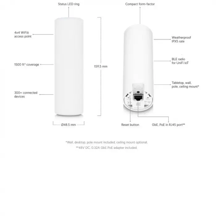 UBIQUITI U6-MESH 2.4/5GHZ DUALBAND WIFI6 4X4 MU-MIMO 5.3GBPS DIŞ ORTAM ACCESS POINT(ADAPTÖRLÜ)