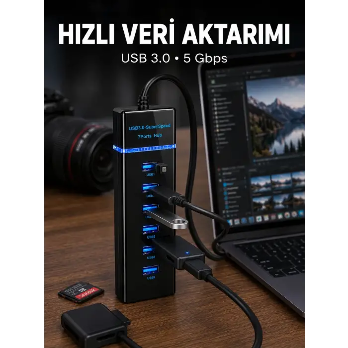 USB 3.0 Çoklayıcı 7 Port Yüksek Hızlı Veri Aktarım