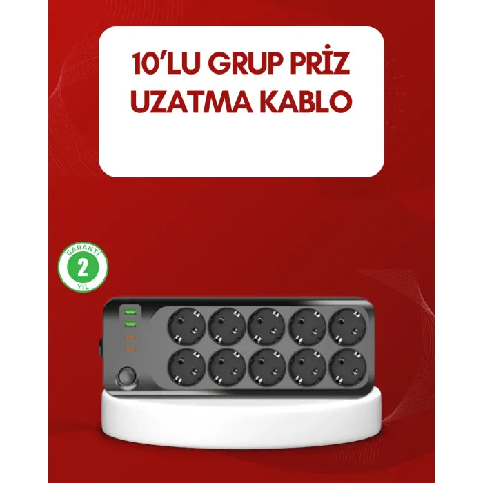 USB Type-C Destekli 10’lu Grup Priz Termal Korumalı 2m Kablo 2500W