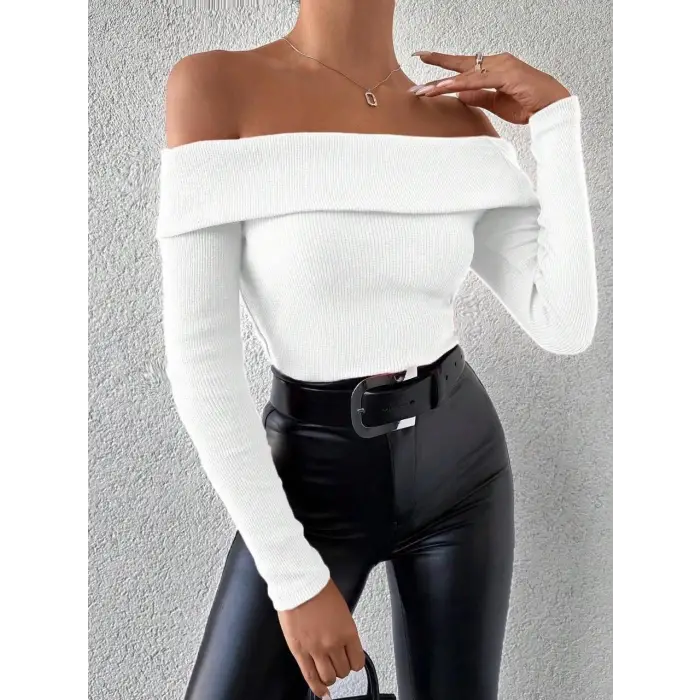 Uzun kol madonna yaka bluz beyaz