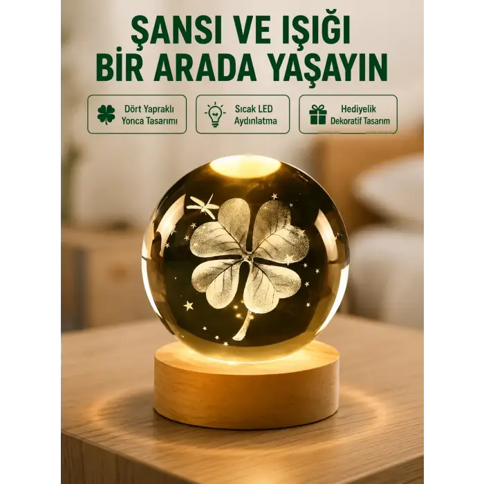 Yonca Figürlü Cam Küre USB Işıklı Ahşap Tabanlı Dekoratif Masa Lambası