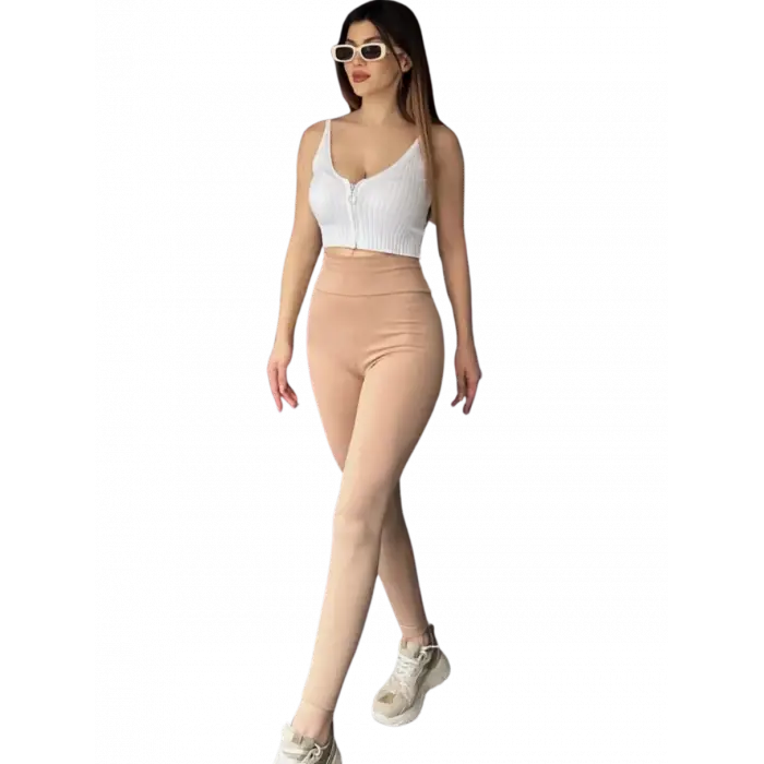 Yüksek Bel Fitilli Şardonlu Tayt - BEJ