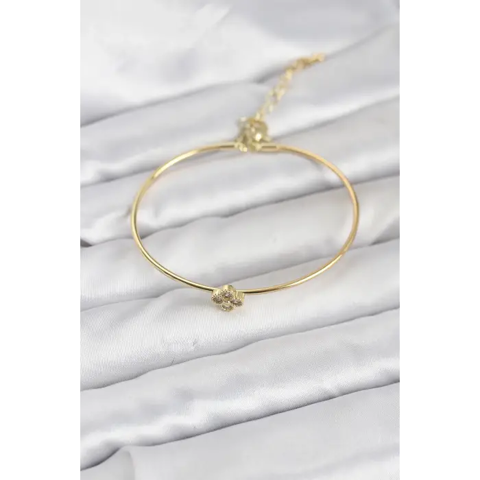 Zirkon Taşlı Yonca Model Gold Renk Kadın Bileklik