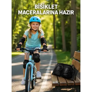 2li Çocuk Koruyucu Spor Seti Siyah Dizlik Dirseklik El Bilek Koruyucu