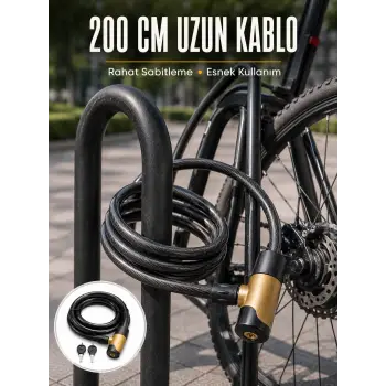 24 mm Kalın Çelik Halatlı Motosiklet ve Bisiklet Kilidi 200 cm Anahtarlı Güvenlik Kilidi