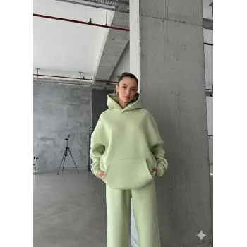 3 iplik şardonlu kapşonlu sweatshirt mint p510436