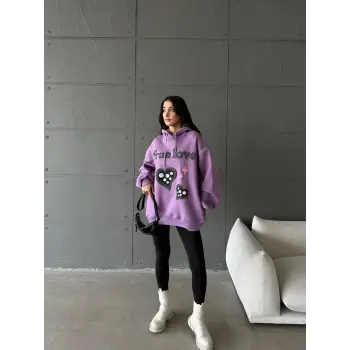 3 iplik şardonlu oversize true baskılı sweat mor