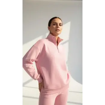 3 iplik Şardonlu yarım fermuarlı sweatshirt somon