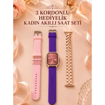 3 Kordonlu Rose Gold Kasalı Kadın Akıllı Saat Seti