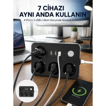 3 USB Çıkışlı 4’lü Akıllı Priz 2500W 2 Metre Kablo