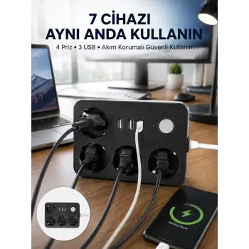 3 USB Çıkışlı 4’lü Akıllı Priz 2500W 2 Metre Kablo