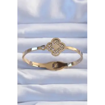 316L Çelik Altın Renk Zirkon Taşlı Simli Yonca Kelepçe