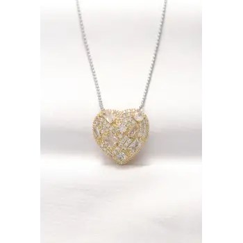 316L Çelik Çift Renk Zirkon Taşlı Kalp Kolye