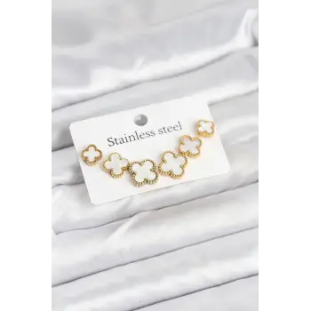 316L Çelik Gold Beyaz Renk 3 Boy Yonca Küpe Seti