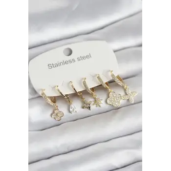 316L Çelik Gold Renk 6'lı Set Yonca Model Kadın Küpe