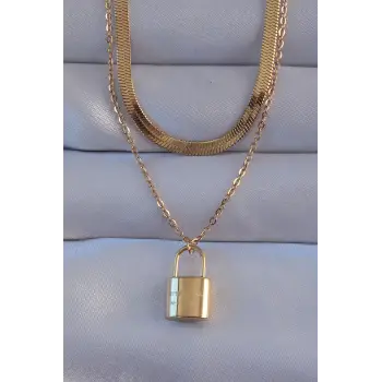 316L Çelik Gold Renk Çift Zincir Kilit Model Kolye