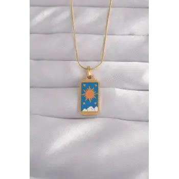 316L Çelik Gold Renk Mavi Mineli Güneş Model Tarot Kolye