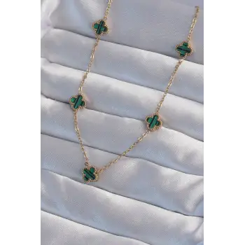 316L Çelik Gold Renk Minimal Yeşil Mineli Yonca Kolye