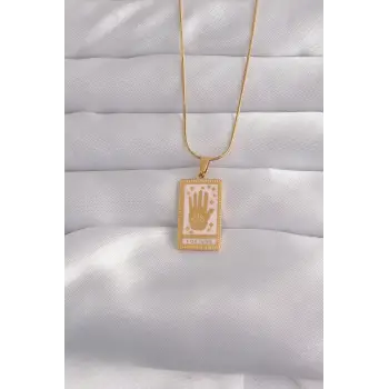 316L Çelik Gold Renk Pembe Mineli El Figür Tarot Kolye