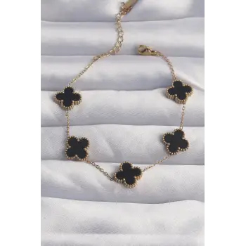 316L Çelik Gold Renk Siyah Mineli Yonca Bileklik