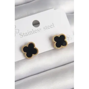 316L Çelik Gold Renk Siyah Yonca Model Kadın Küpe