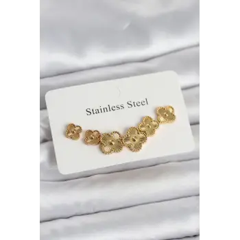 316L Çelik Gold Renk Yonca Küpe Seti