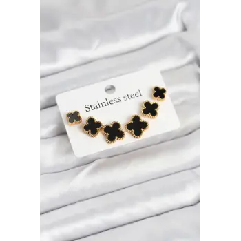 316L Çelik Gold Siyah Renk 3 Boy Yonca Küpe Seti