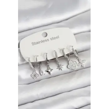 316L Çelik Gümüş Renk 6'lı Set Yonca Model Kadın Küpe