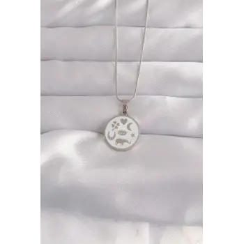 316L Çelik Gümüş Renk Beyaz Mineli Karışık Figürlü Tarot Kolye